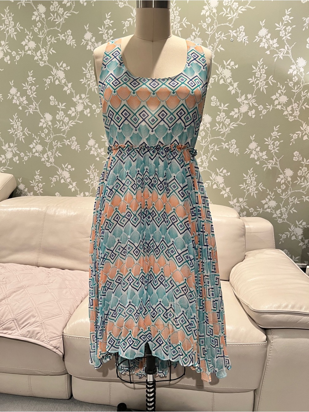 5/48 Sleeveless Geometric Midi Dress in Aqua, Peach and Navy